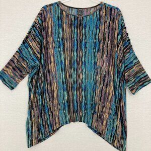 Clara Sun Woo Teal Brown Abstract Print Stretch Sharkbite Hem Flowy Top Large